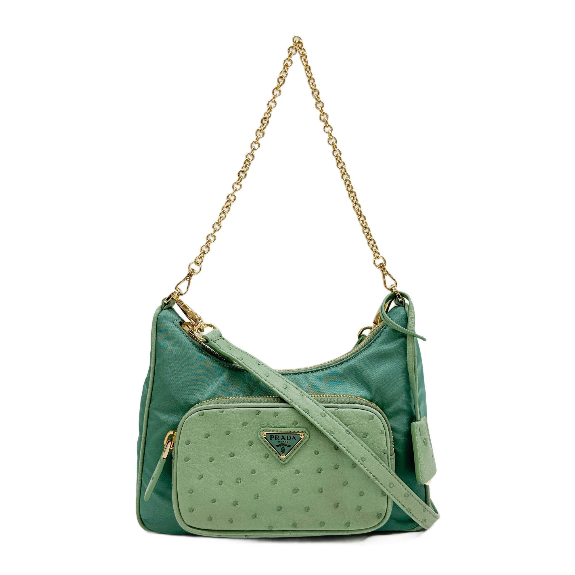 Green Nylon & Ostrich Embossed Leather Two Way Bag