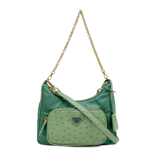 Green Nylon & Ostrich Embossed Leather Two Way Bag