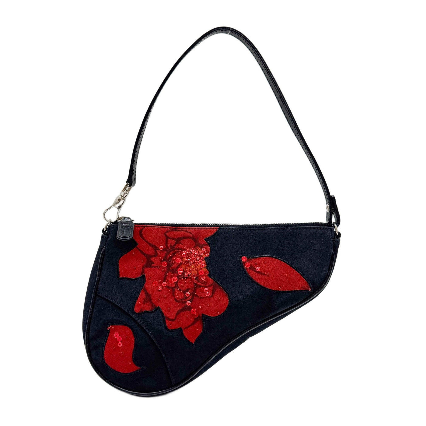 Saddle Pouch Black & Red Flower Embroidery Nylon Shoulder Bag
