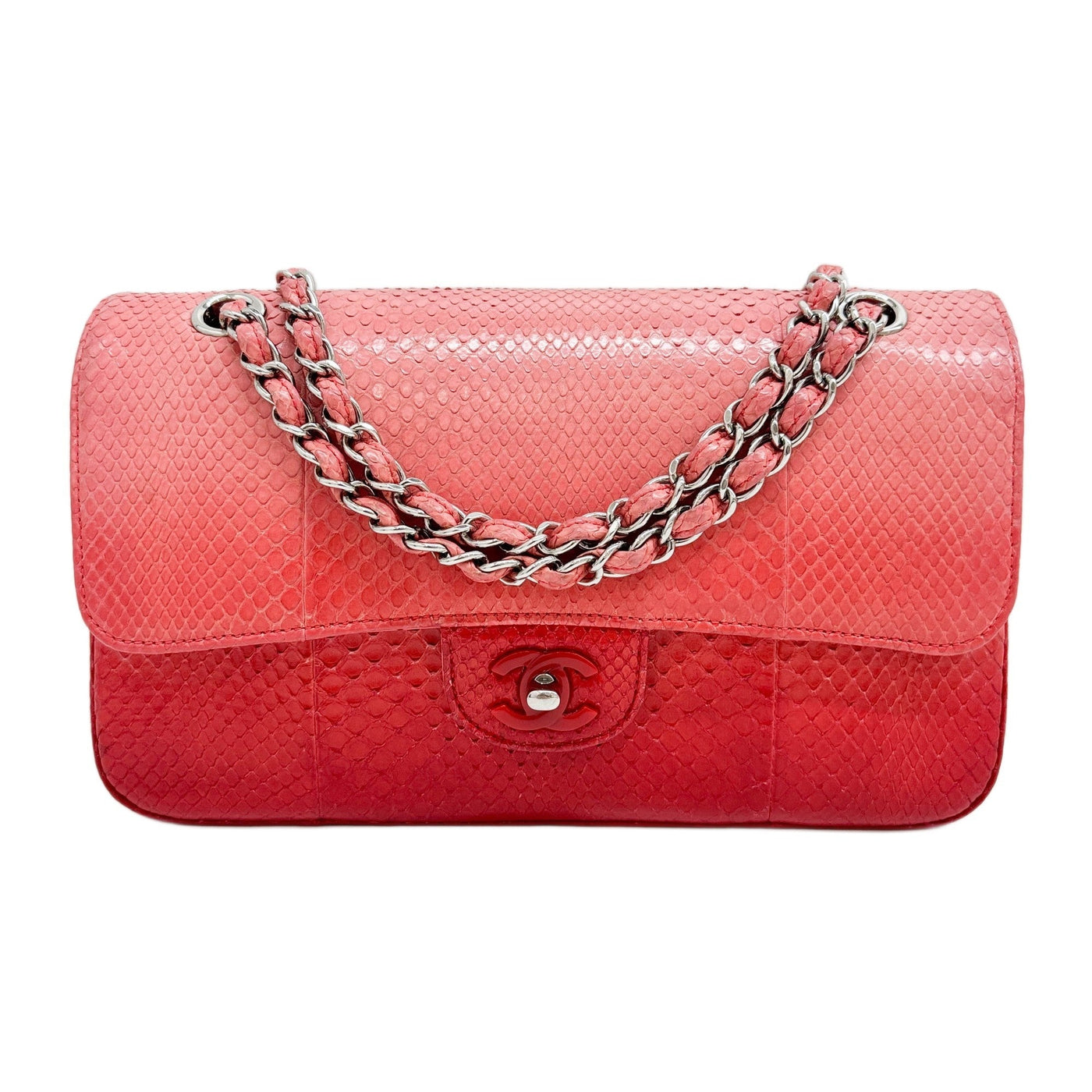 Classic Double Flap 2015-2016 Ombré Red Embossed Python Leather Shoulder Bag