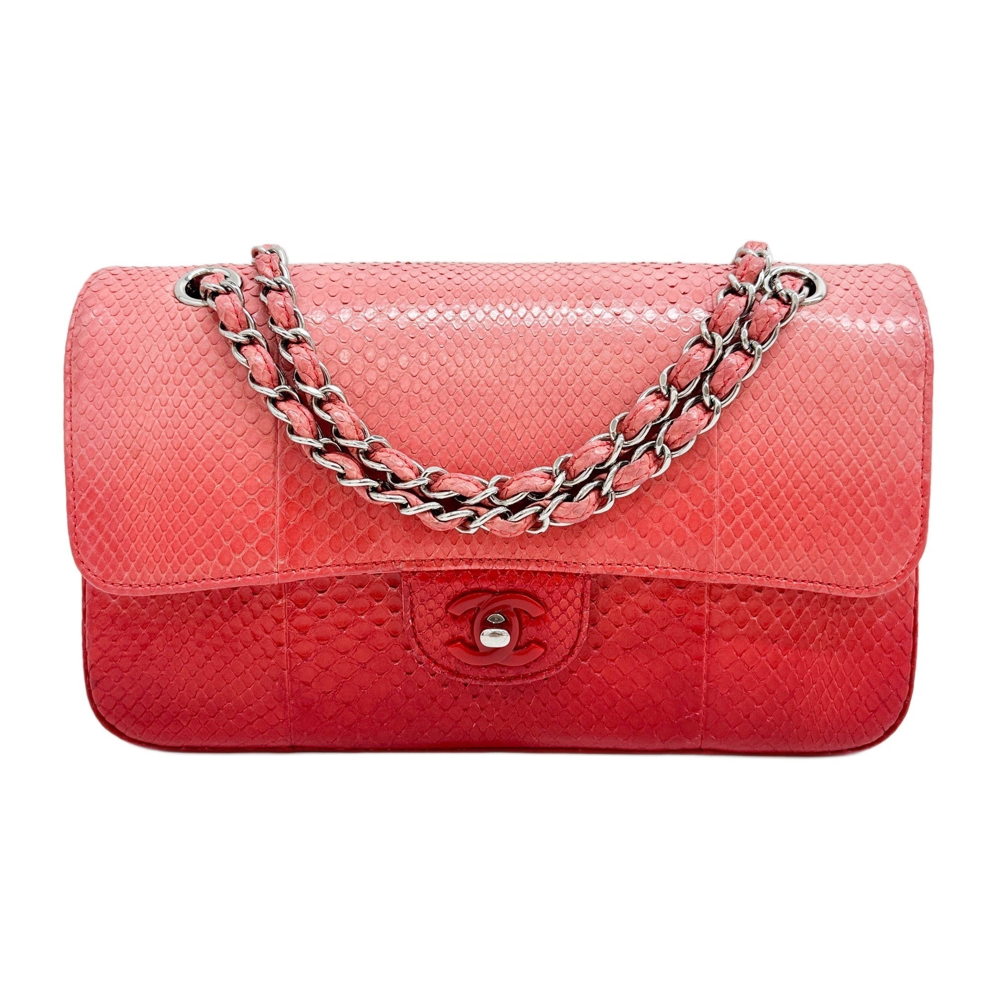 Classic Double Flap 2015-2016 Ombré Red Embossed Python Leather Shoulder Bag