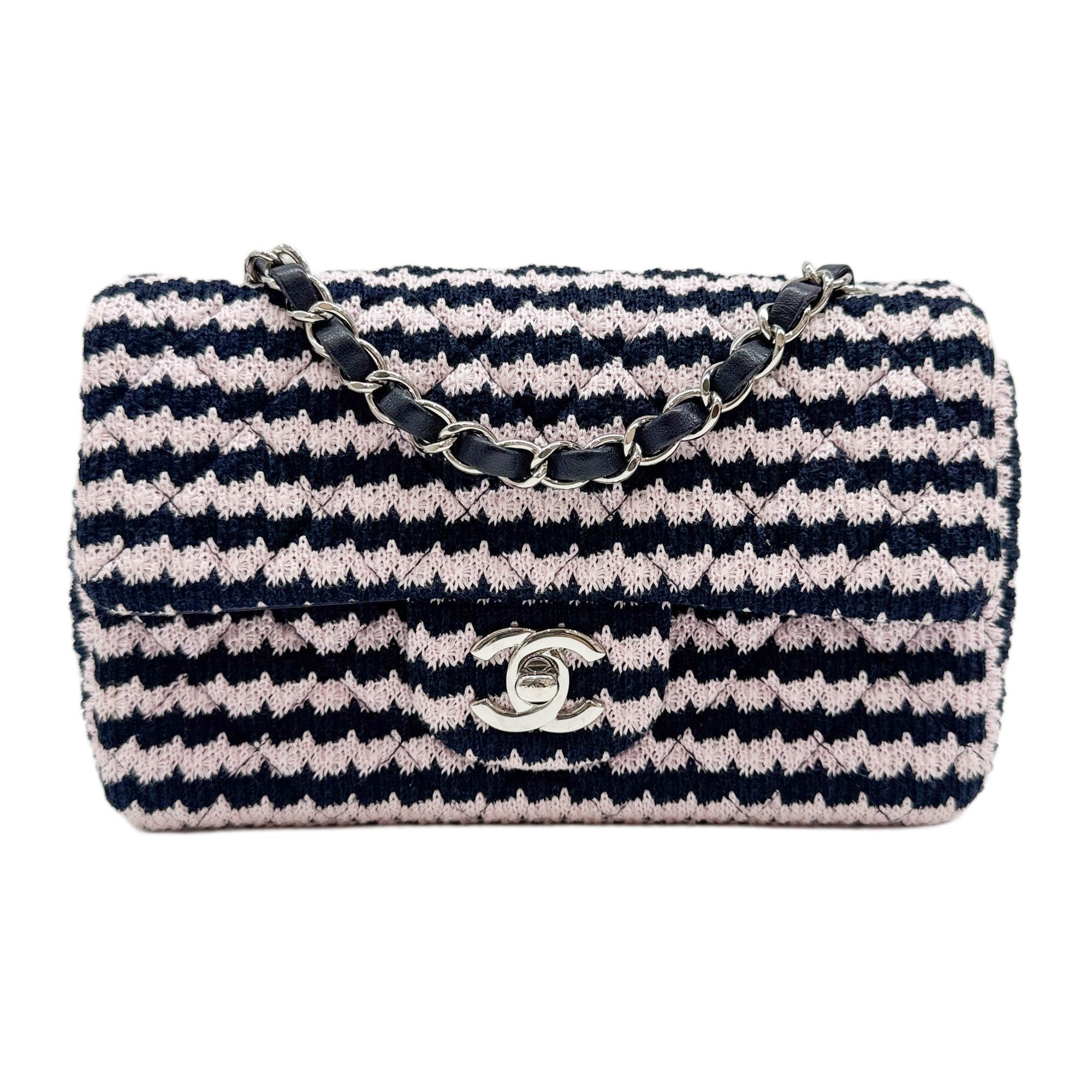 Mini Classic Flap 2021 Black and Pink Tweed Knit Cotton Shoulder Bag