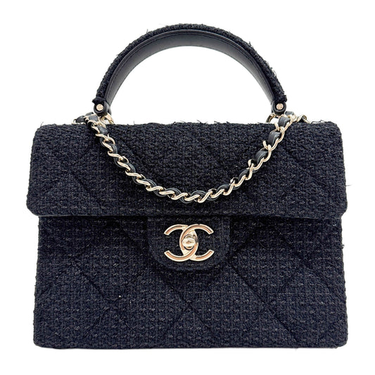 Mini Flap with Top Handle 2021-2026 Black Tweed Two Way Bag