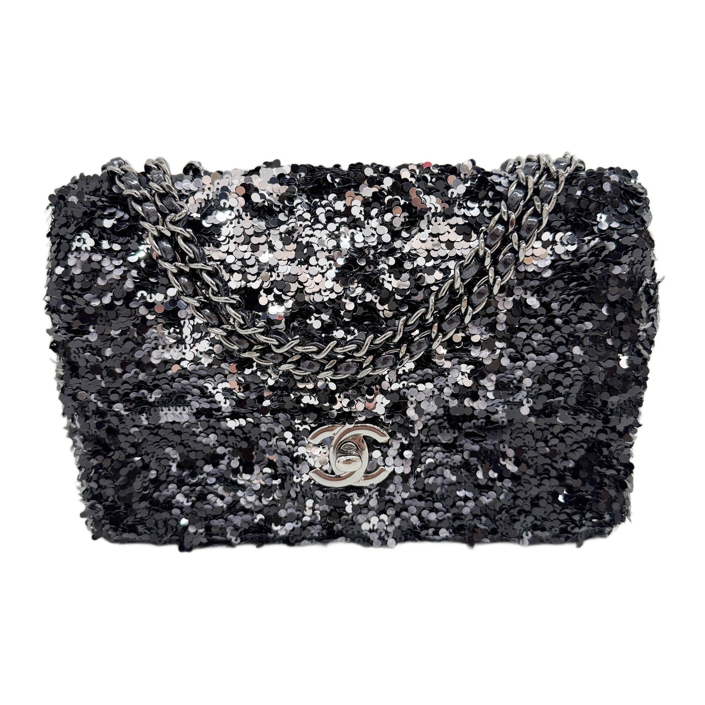 Mini Classic Flap 2018 Black and Silver Sequin Shoulder Bag