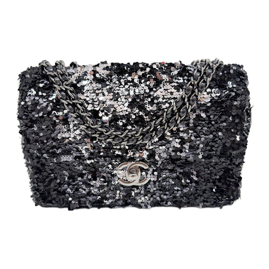 Mini Classic Flap 2018 Black and Silver Sequin Shoulder Bag