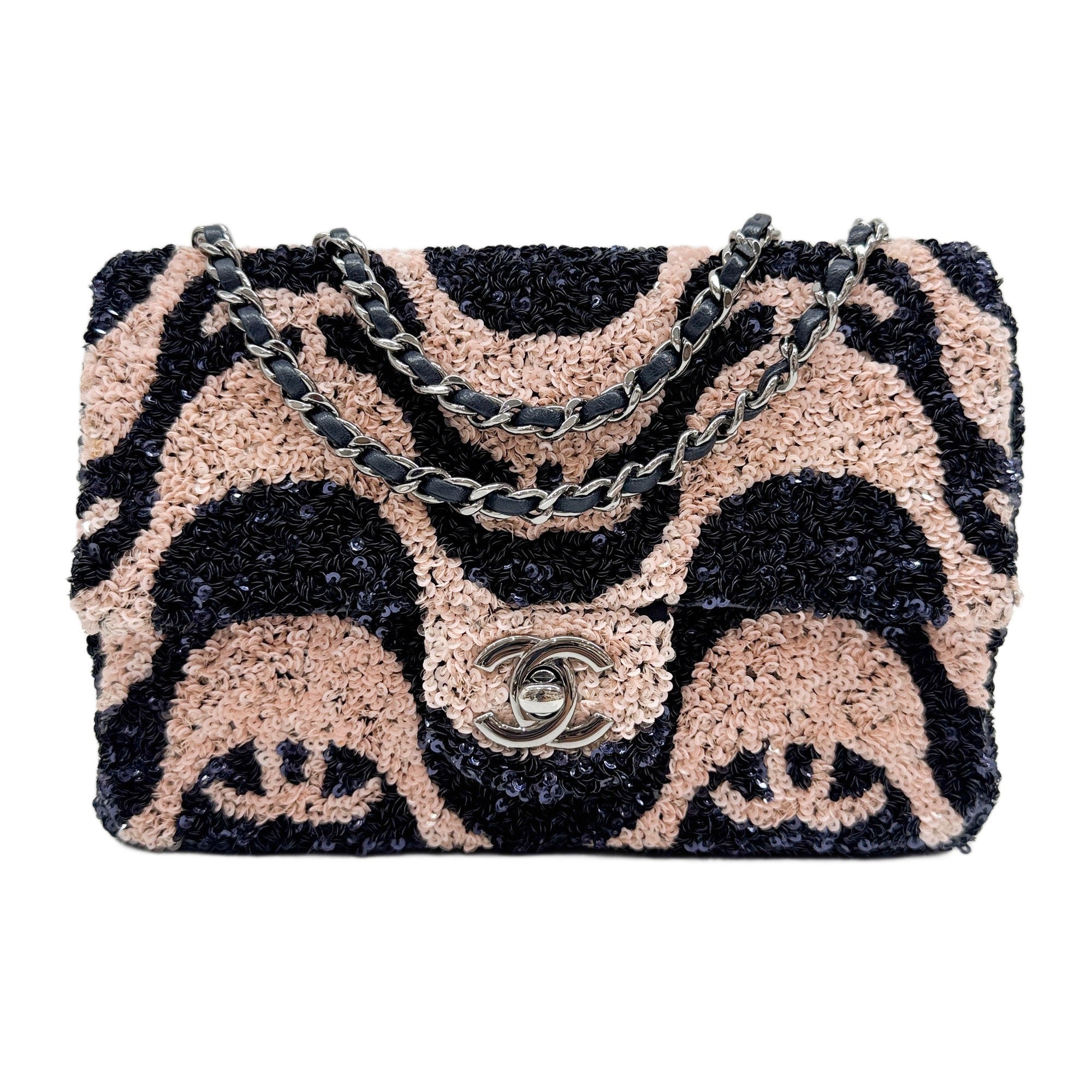 Mini Classic Flap 2020 Black & Pink Graffiti Print Sequin Shoulder Bag