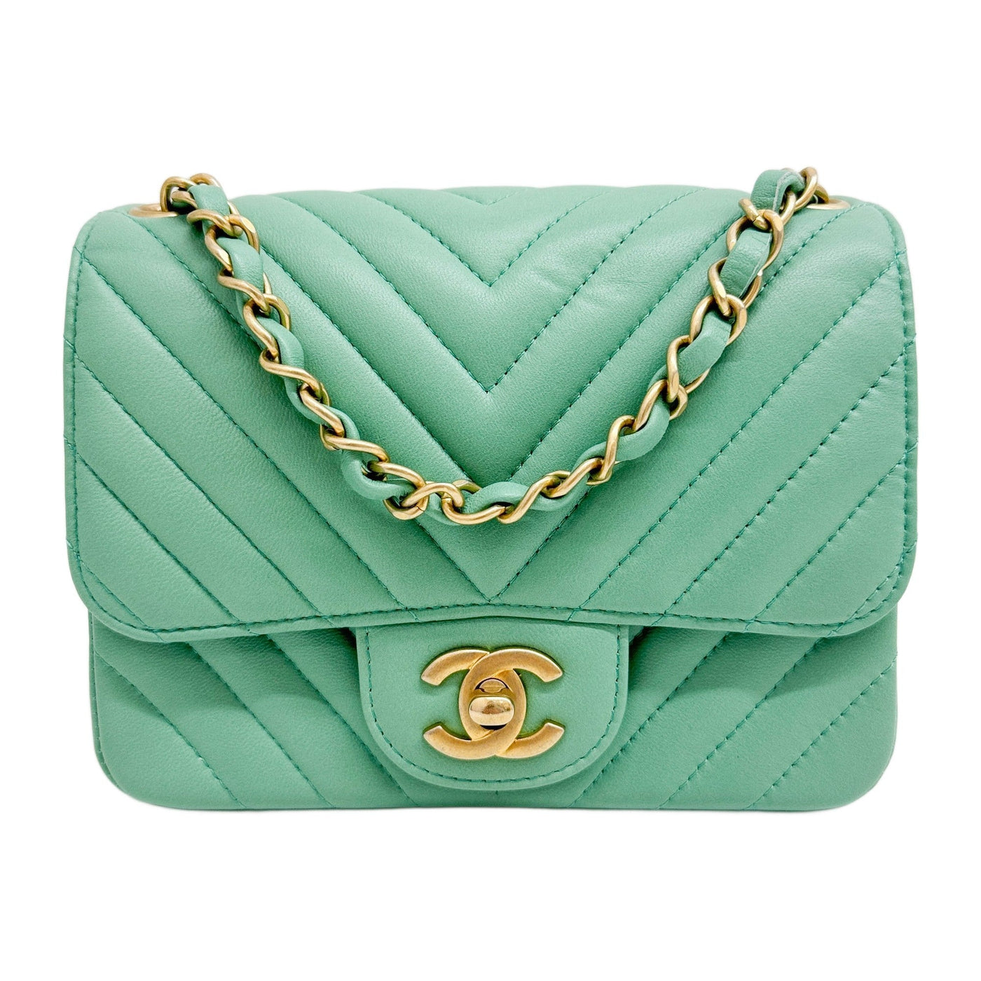 Mini Square Classic Flap 2019 Chevron Turquoise Leather Shoulder Bag