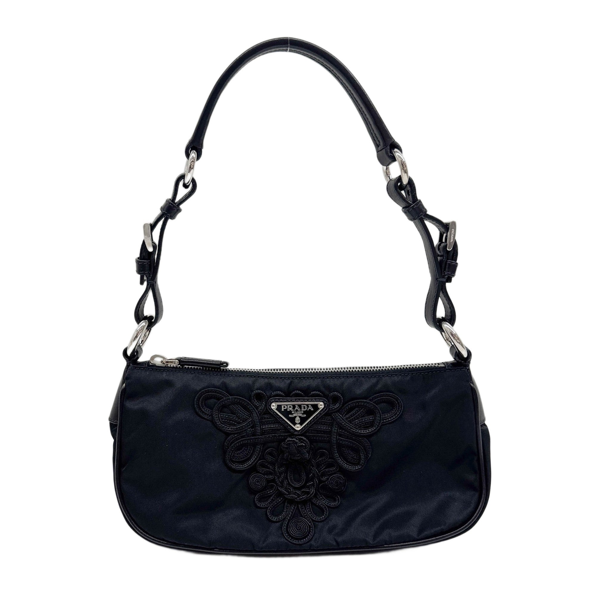 Embroidery Black Nylon Shoulder Bag