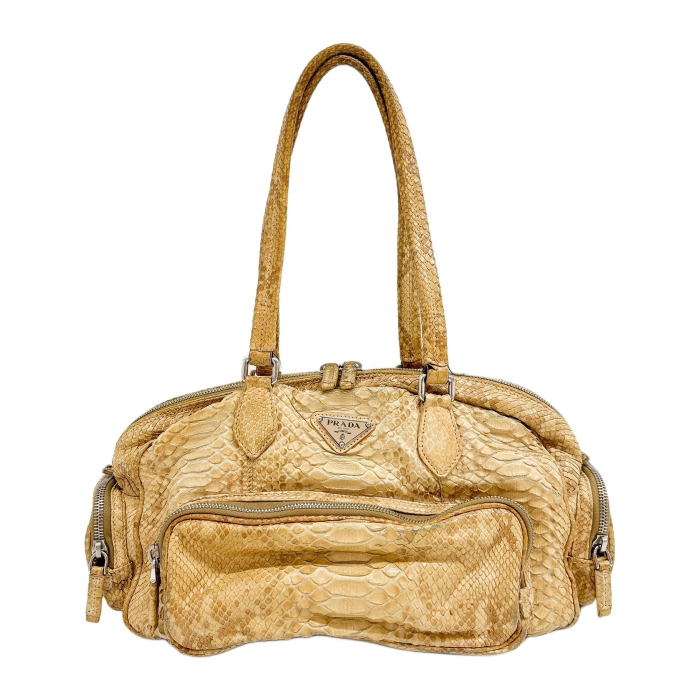 Beige Python Embossed Leather Hand Bag