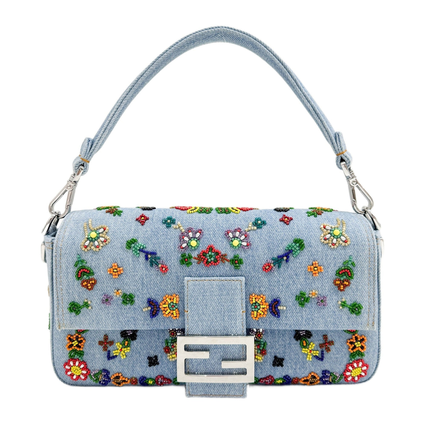 Baguette Bead Embroidered Light Blue Floral Denim Two-Way Bag