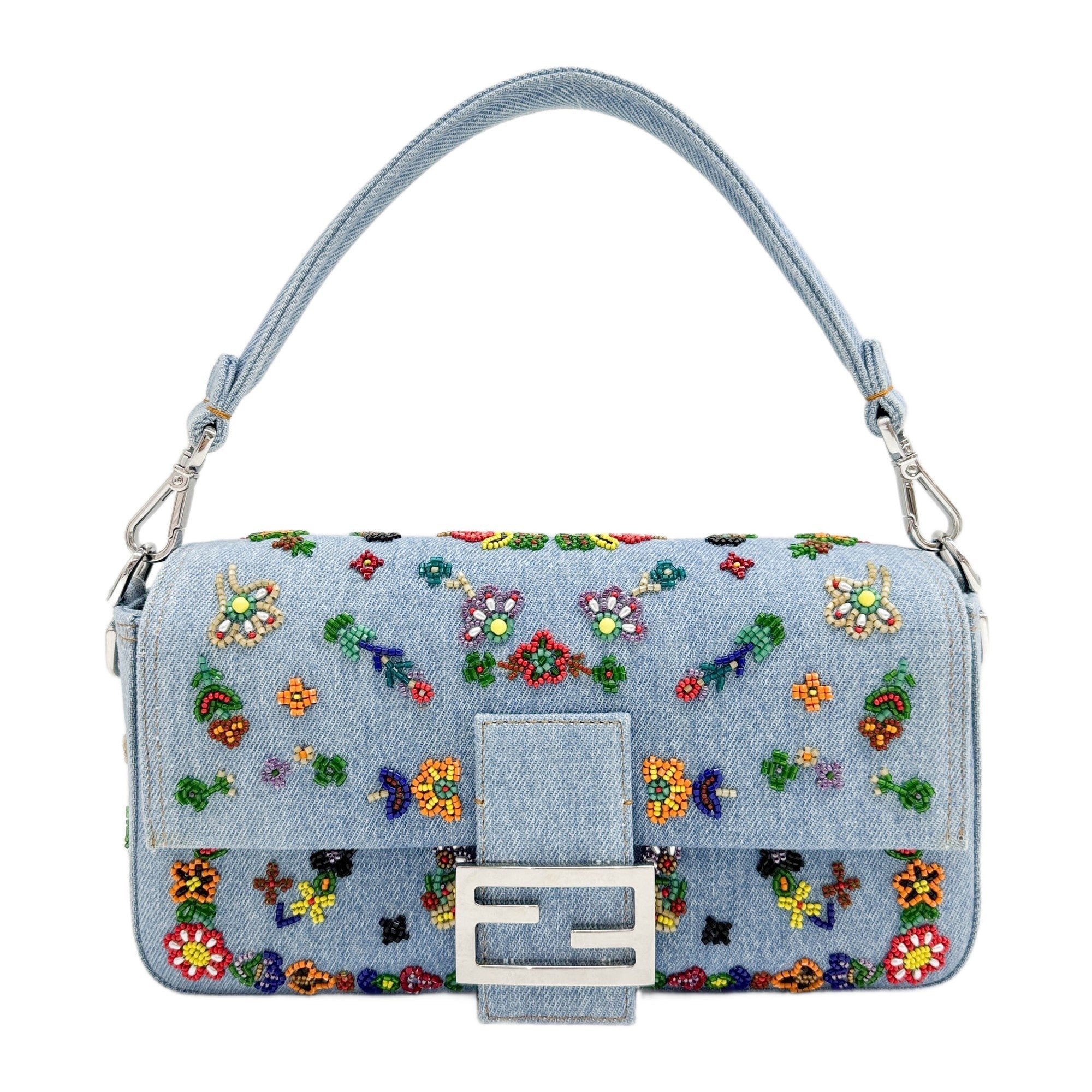 Baguette Bead Embroidered Light Blue Floral Denim Two-Way Bag