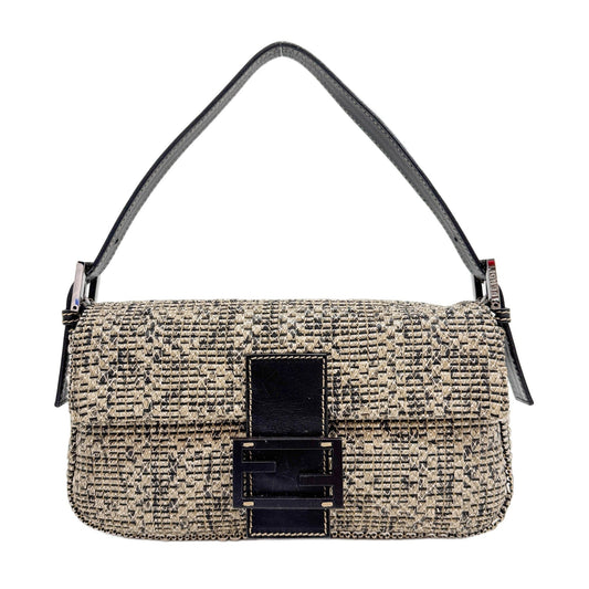 Baguette Woven Beige & Black Snake Print Leather Shoulder Bag