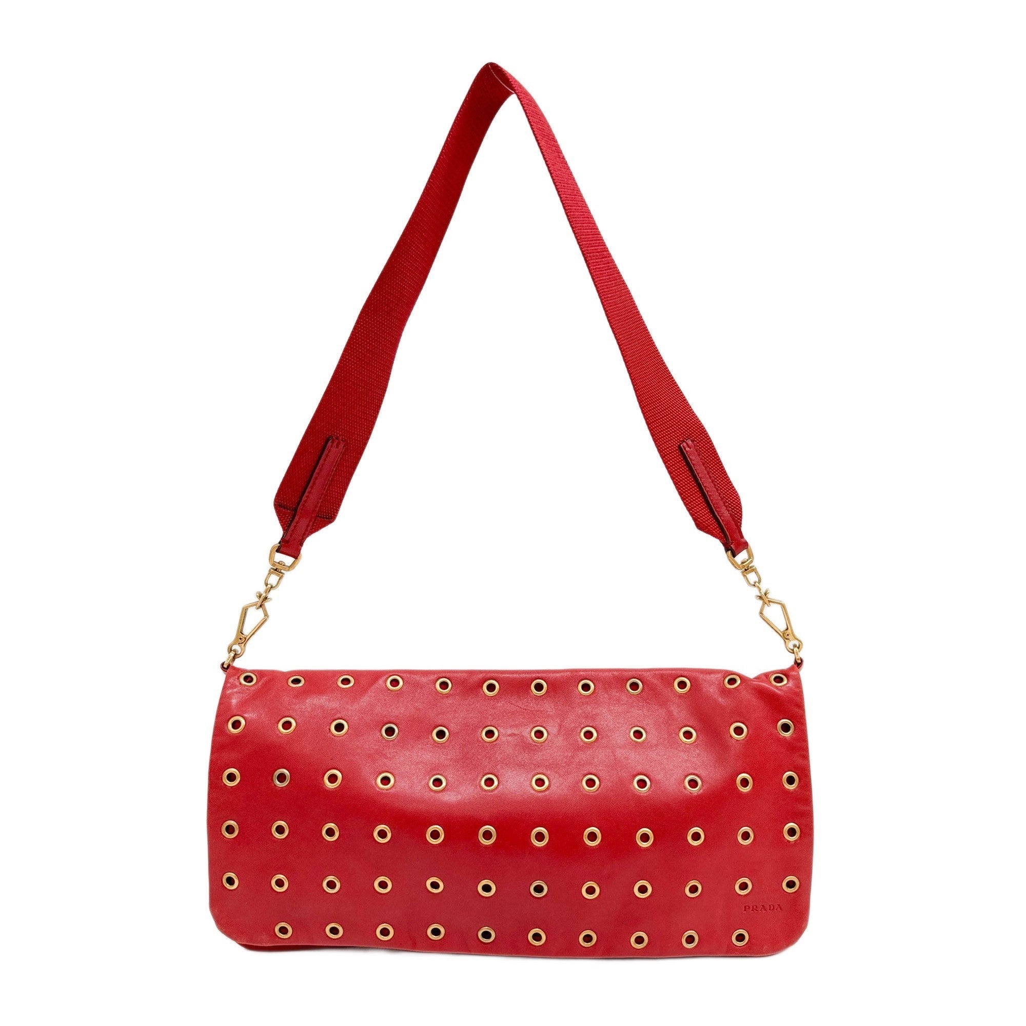 Grommet Embellished Red Leather Shoulder Bag