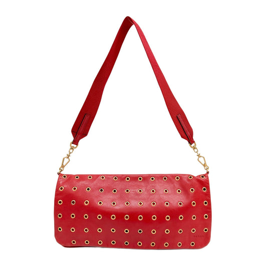 Grommet Embellished Red Leather Shoulder Bag