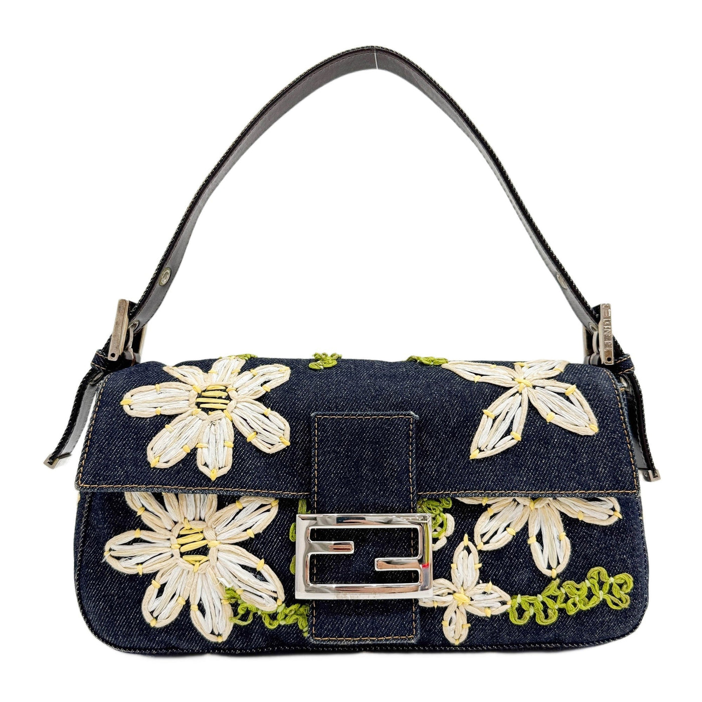 Baguette Denim Flower Knit Embroidery Shoulder Bag