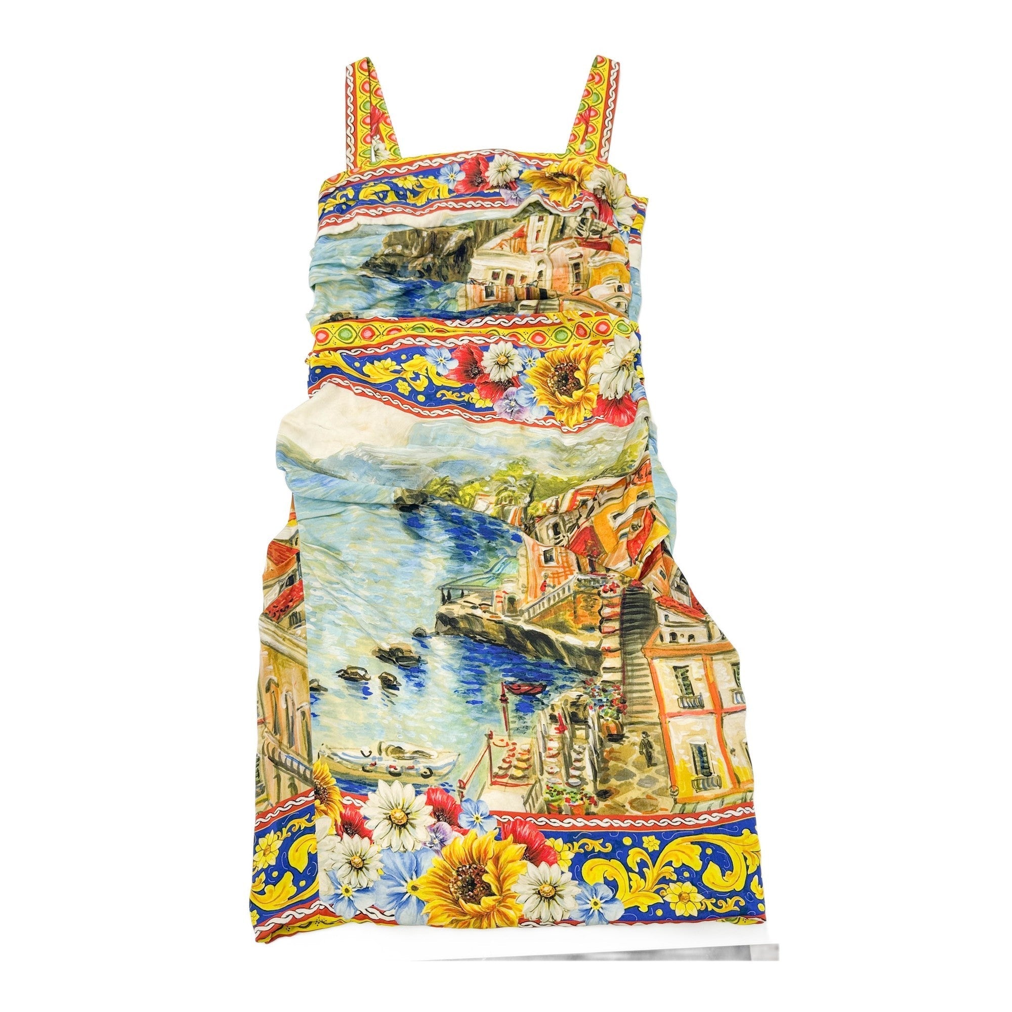Size 44 EU Ruched Multicolor Anita Sicilia Printed Silk Dress