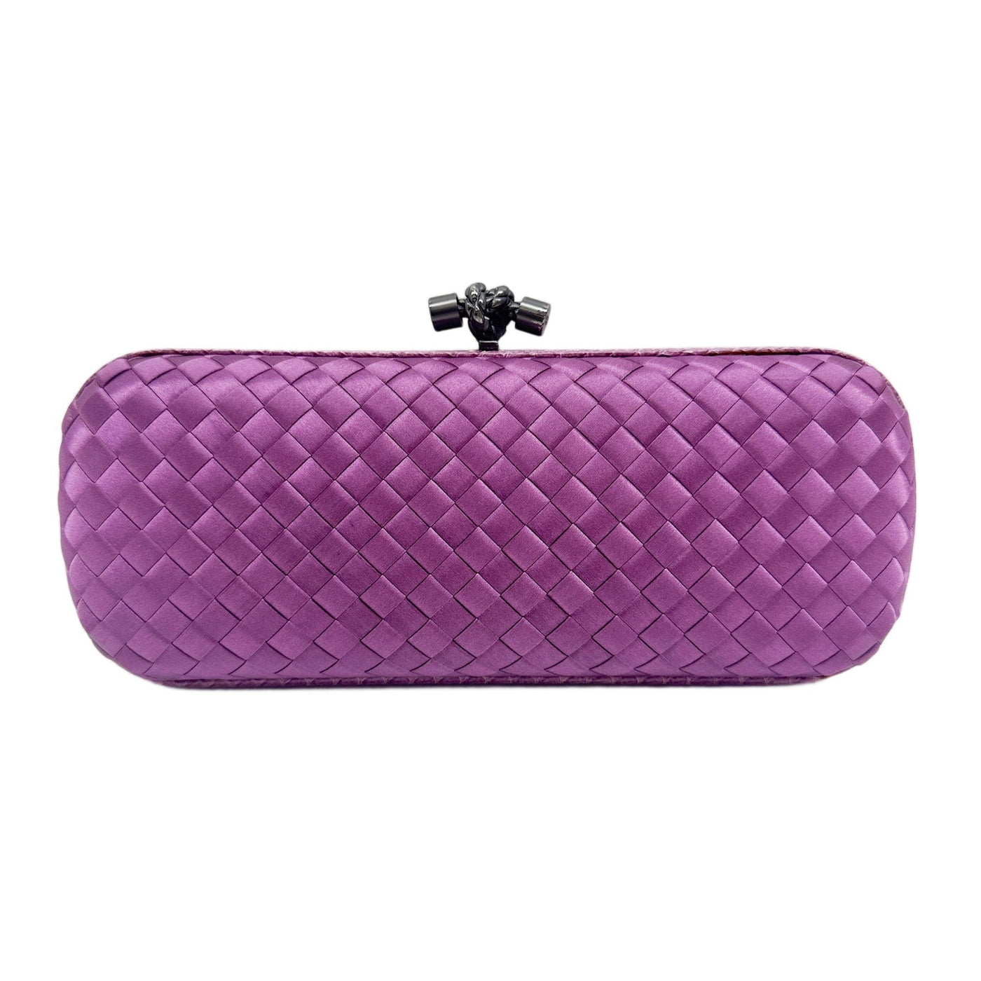 Long Knot Python Embossed Leather Trim Intrecciato Purple Satin Clutch