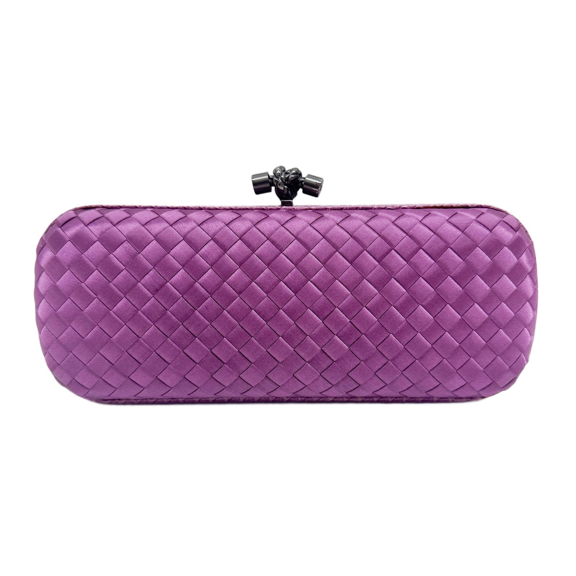 Long Knot Python Embossed Leather Trim Intrecciato Purple Satin Clutch