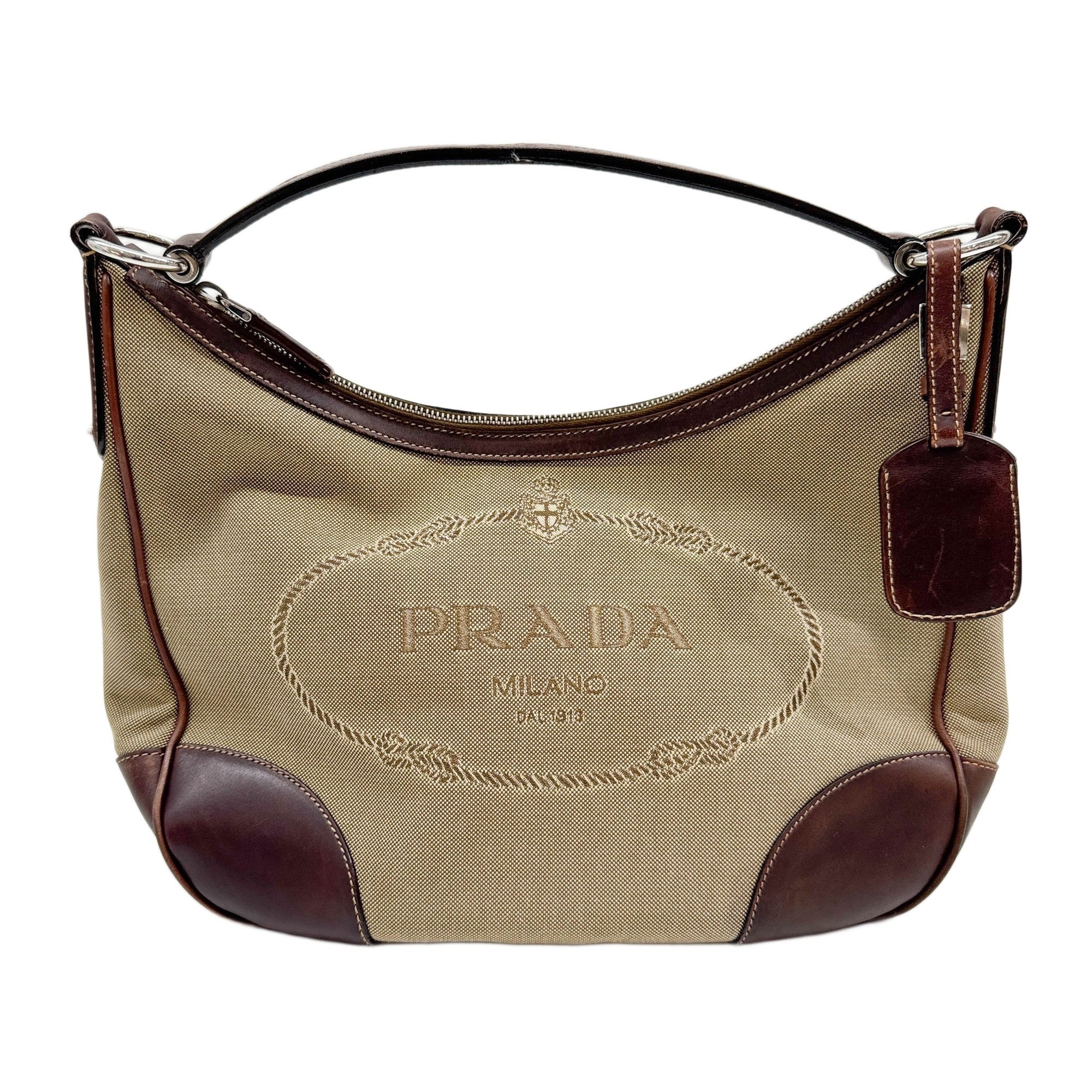Beige & Brown Jacquard Canvas Hobo Shoulder Bag