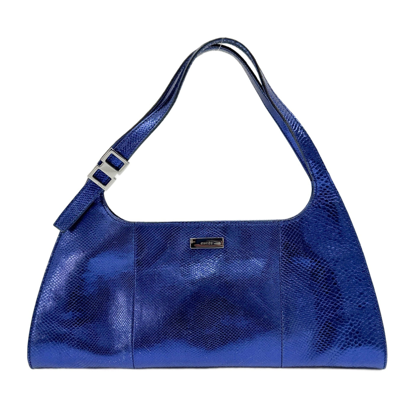 Metallic Blue Lizard Embossed Leather Shoulder Bag
