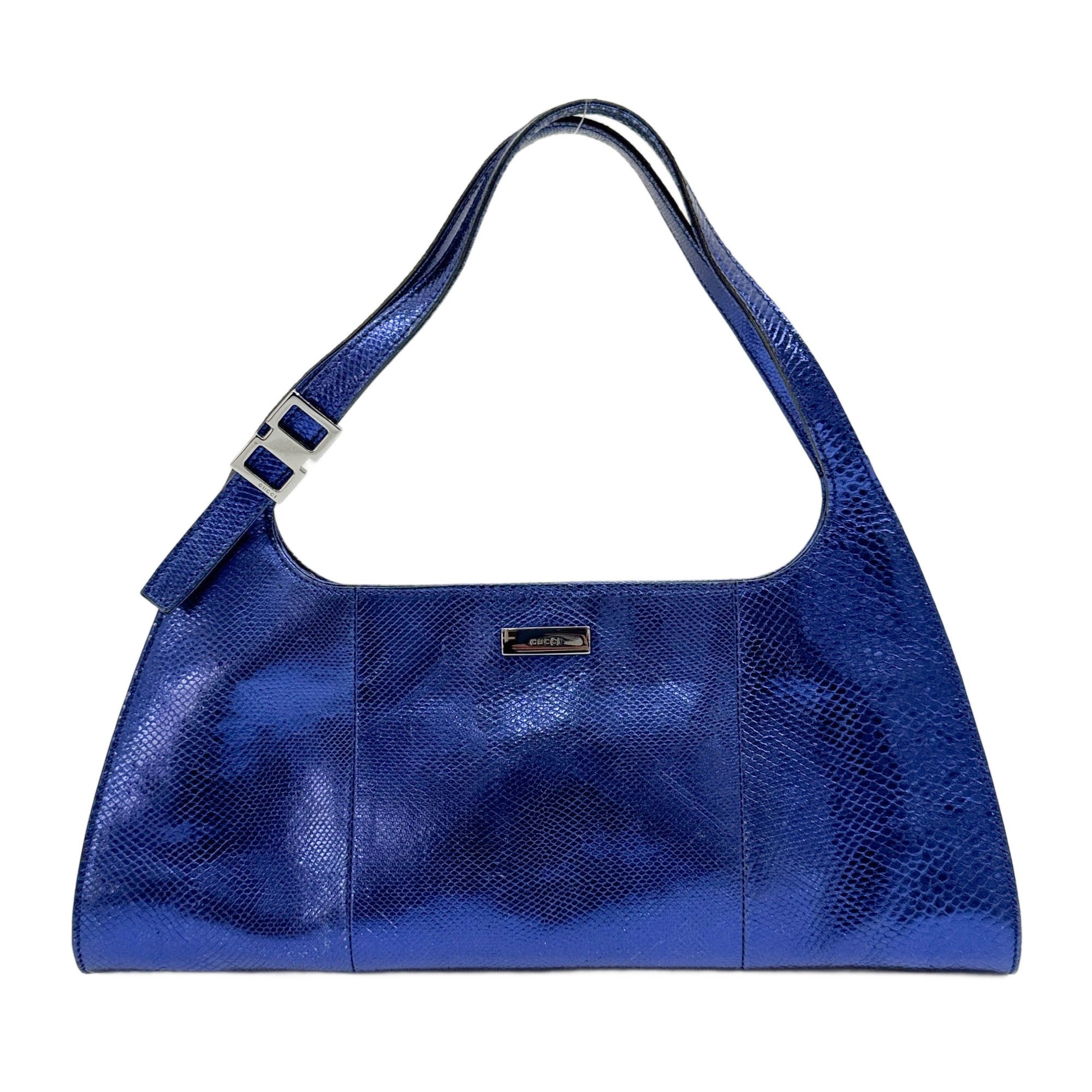 Metallic Blue Lizard Embossed Leather Shoulder Bag