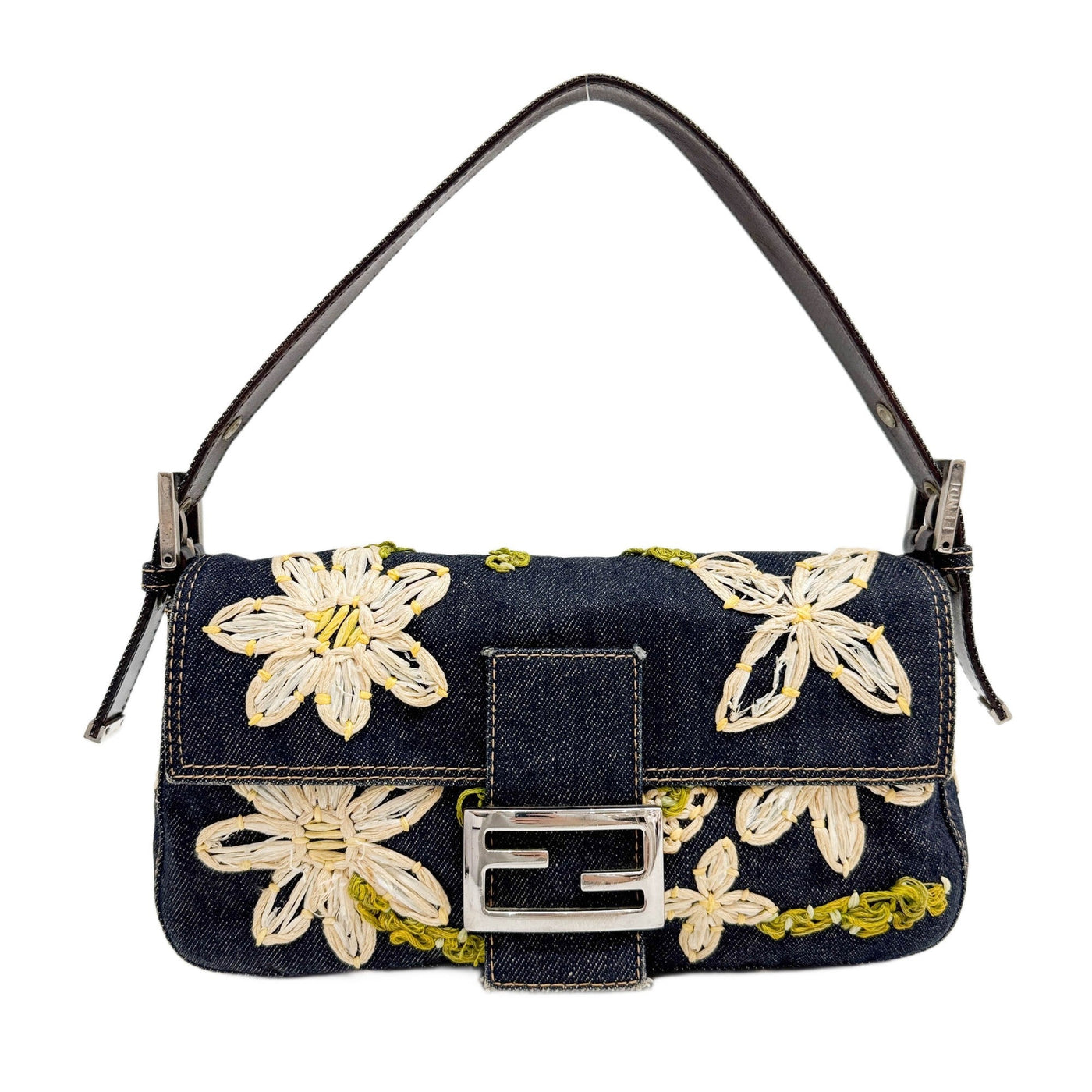 Baguette Embroidered Raffia Blue Denim Shoulder Bag