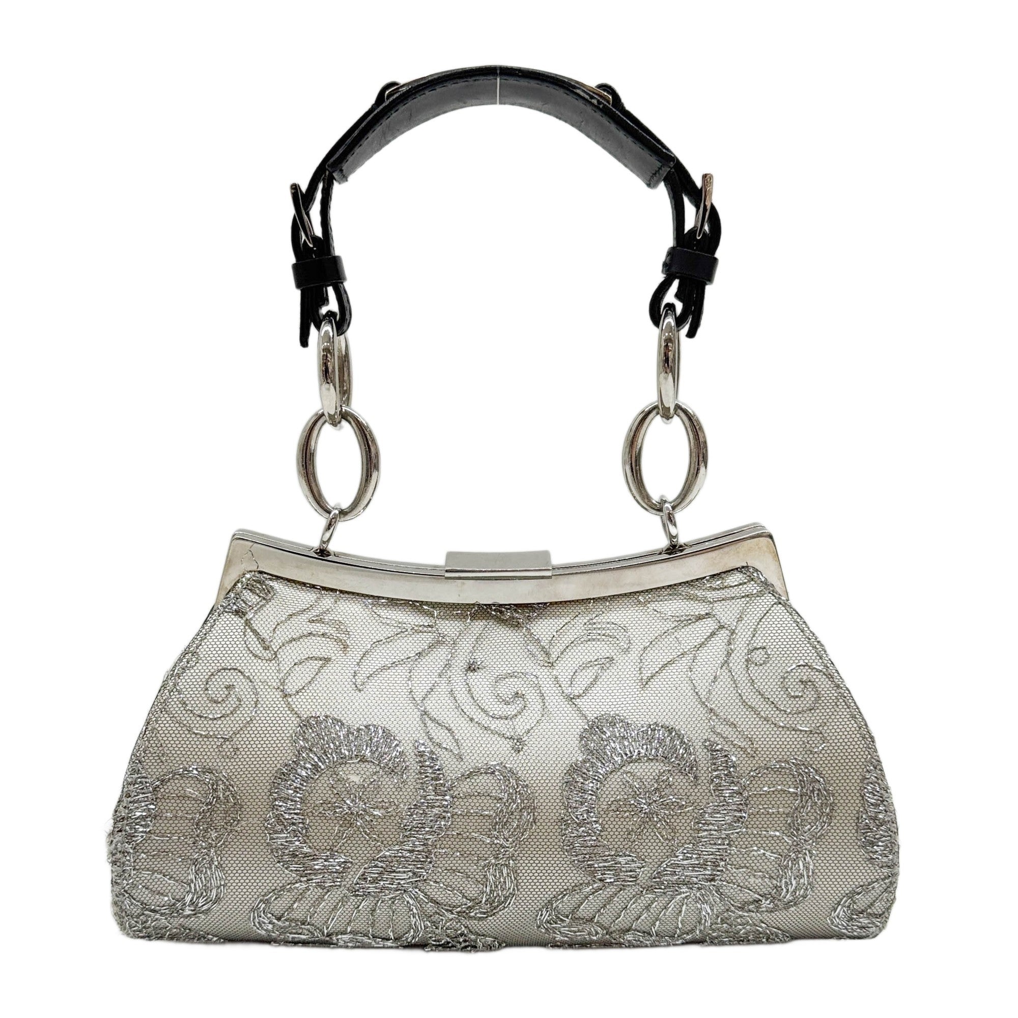 Floral Embroidered Mesh Silver Satin Hand Bag
