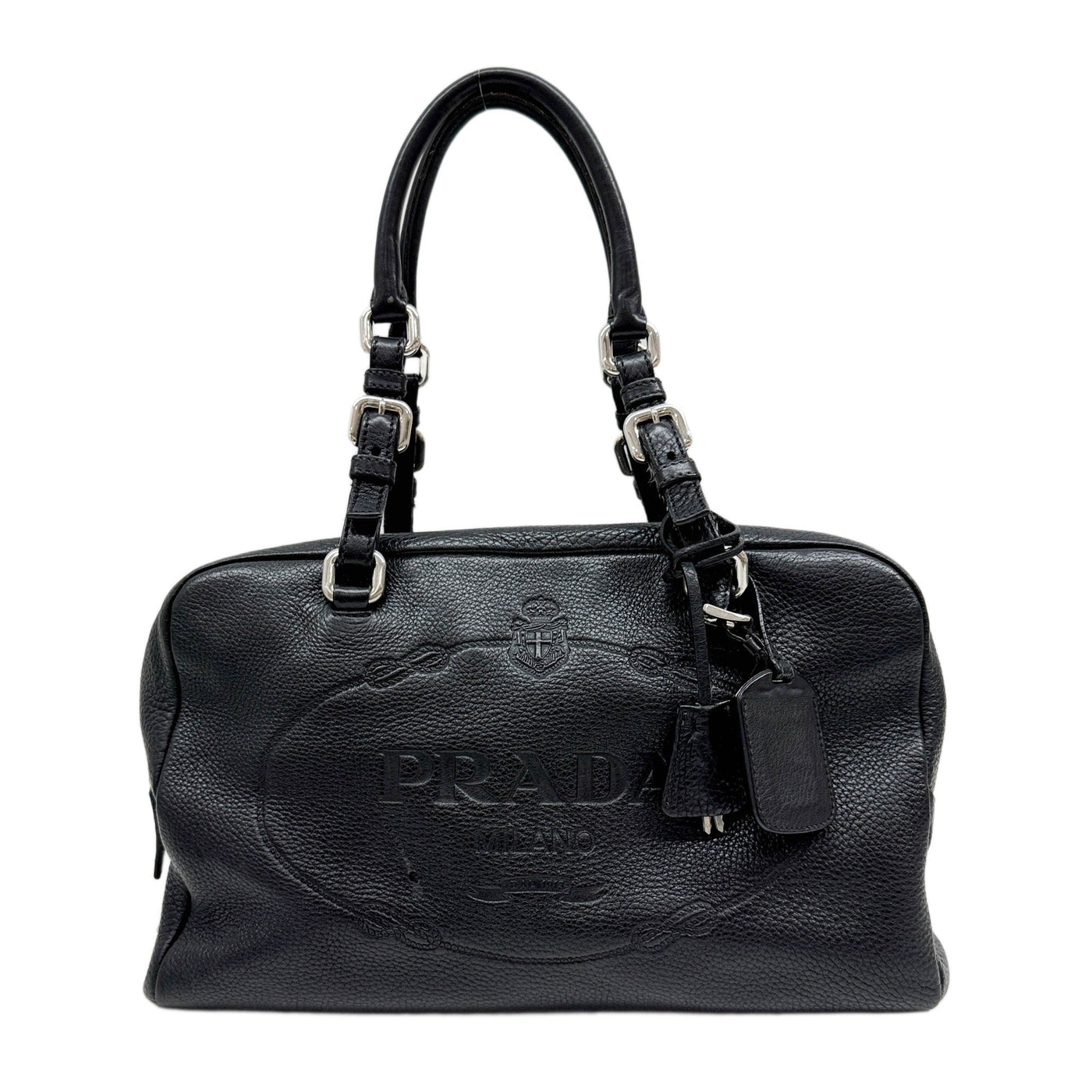 Embossed Black Leather Boston Handle Bag