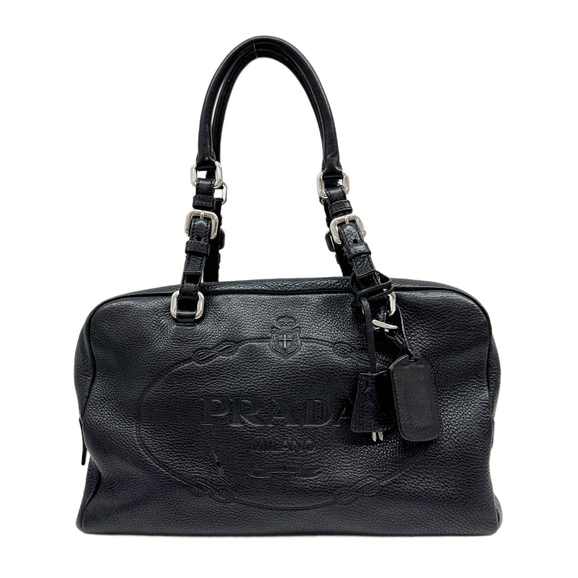 Embossed Black Leather Boston Handle Bag