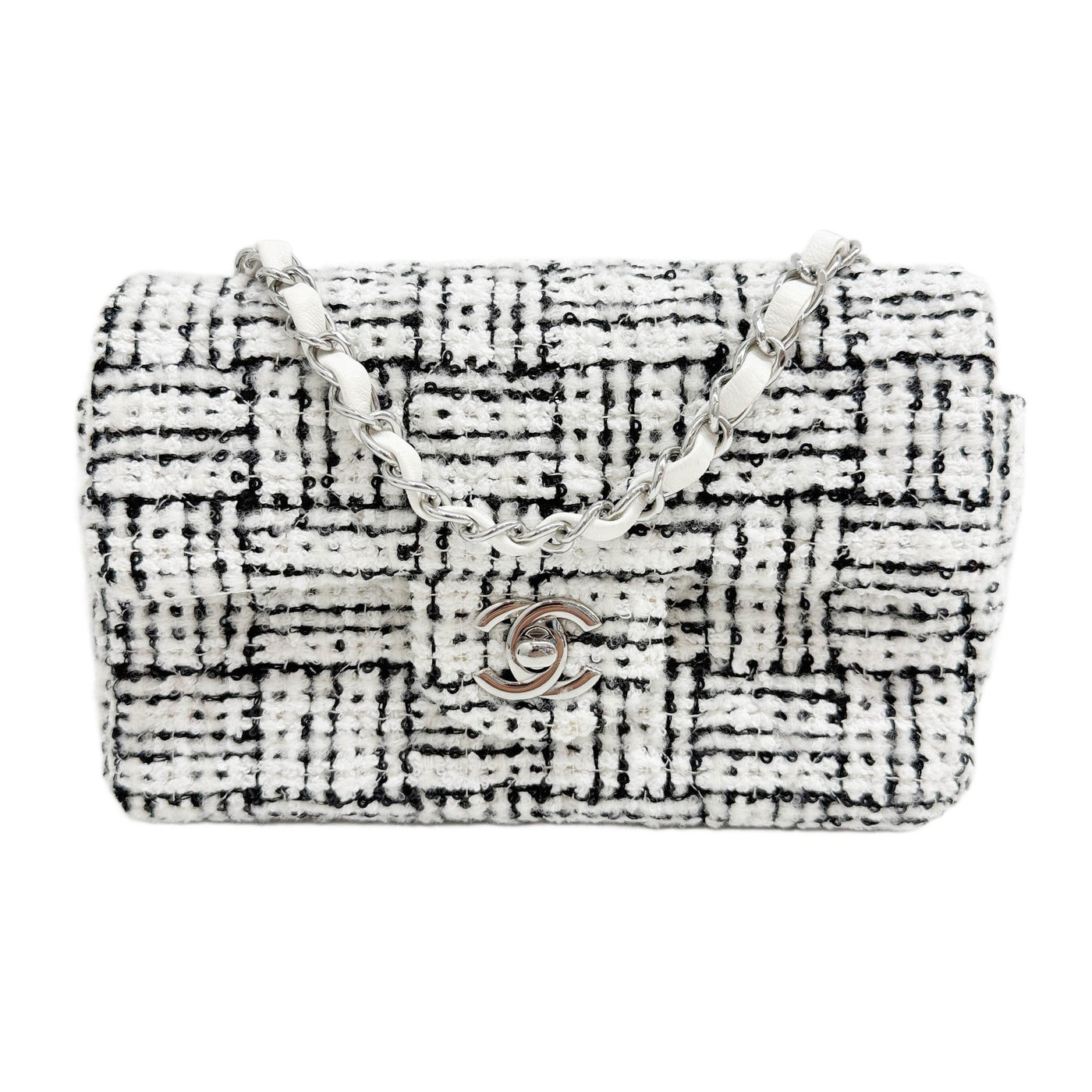 Rectangular Mini Classic Flap 2021-2026 Sequined Matelasse Black & White Tweed Shoulder Bag