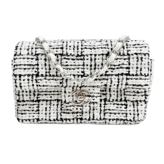 Rectangular Mini Classic Flap 2021-2026 Sequined Matelasse Black & White Tweed Shoulder Bag