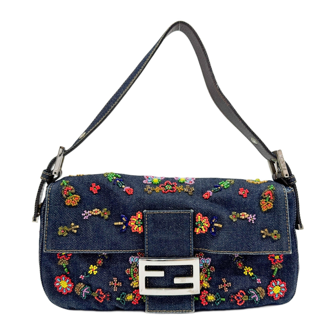 Baguette Denim Flower Beads Embroidery Shoulder Bag