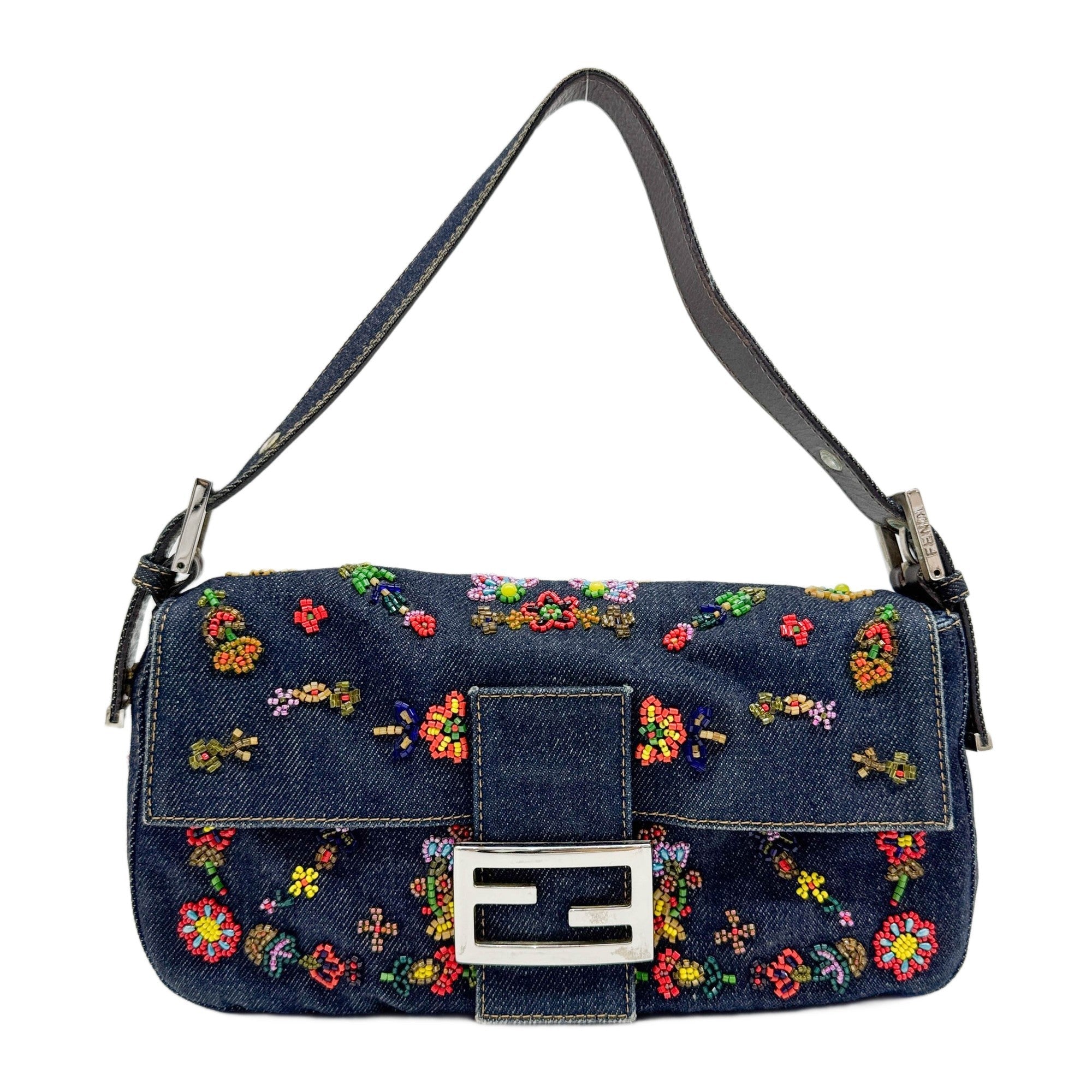 Baguette Denim Flower Beads Embroidery Shoulder Bag