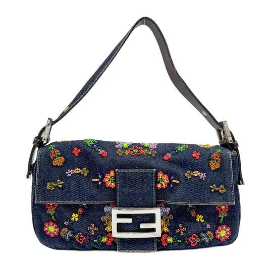 Baguette Denim Flower Beads Embroidery Shoulder Bag