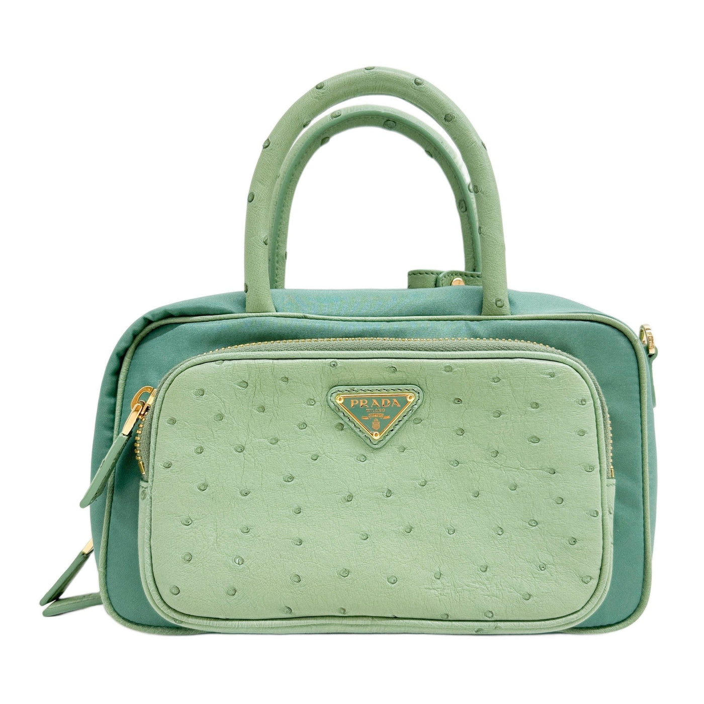 Re-Nylon Sea Foam Green Nylon & Ostrich Embossed Leather Two Way Bag