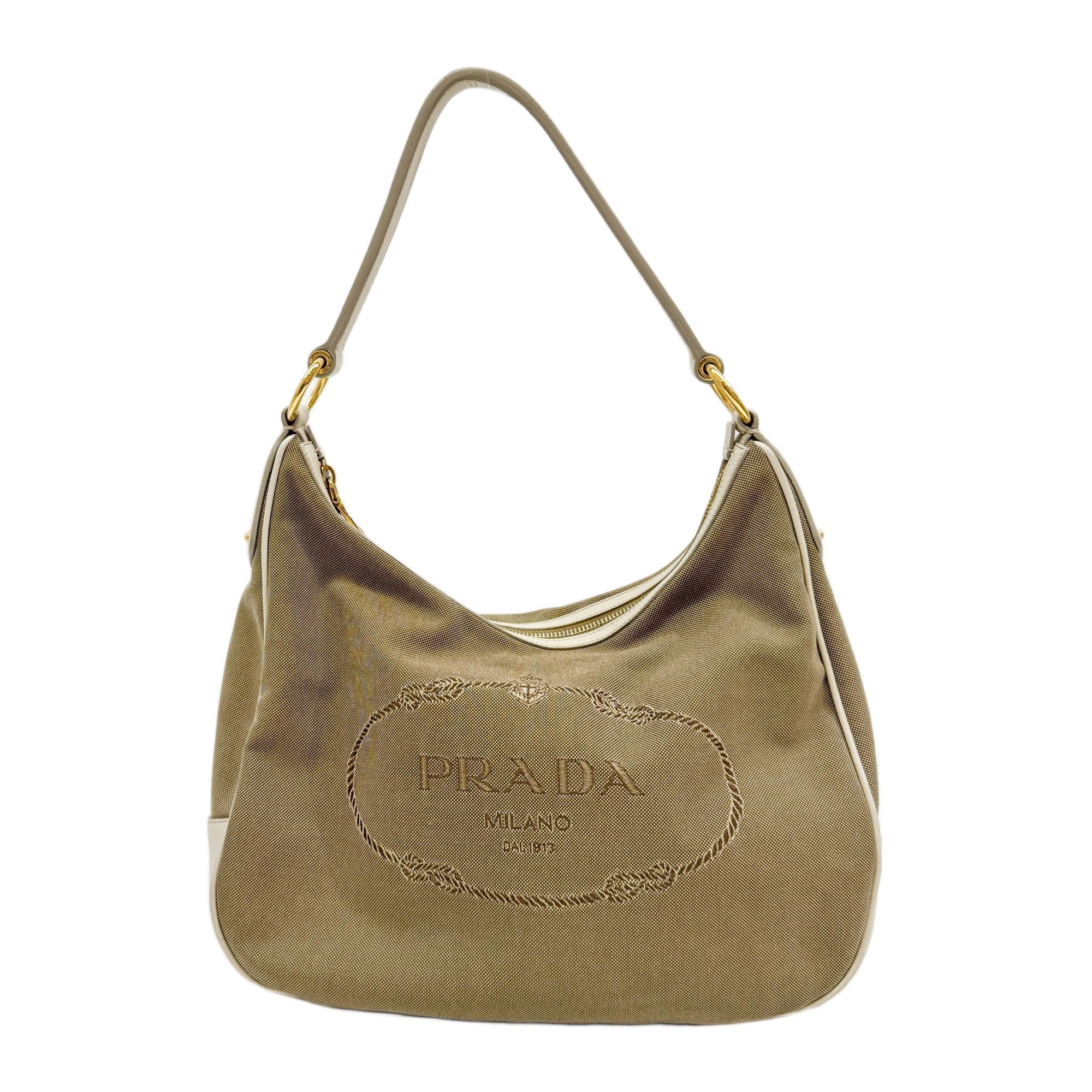 Beige Brown Canvas Shoulder Bag