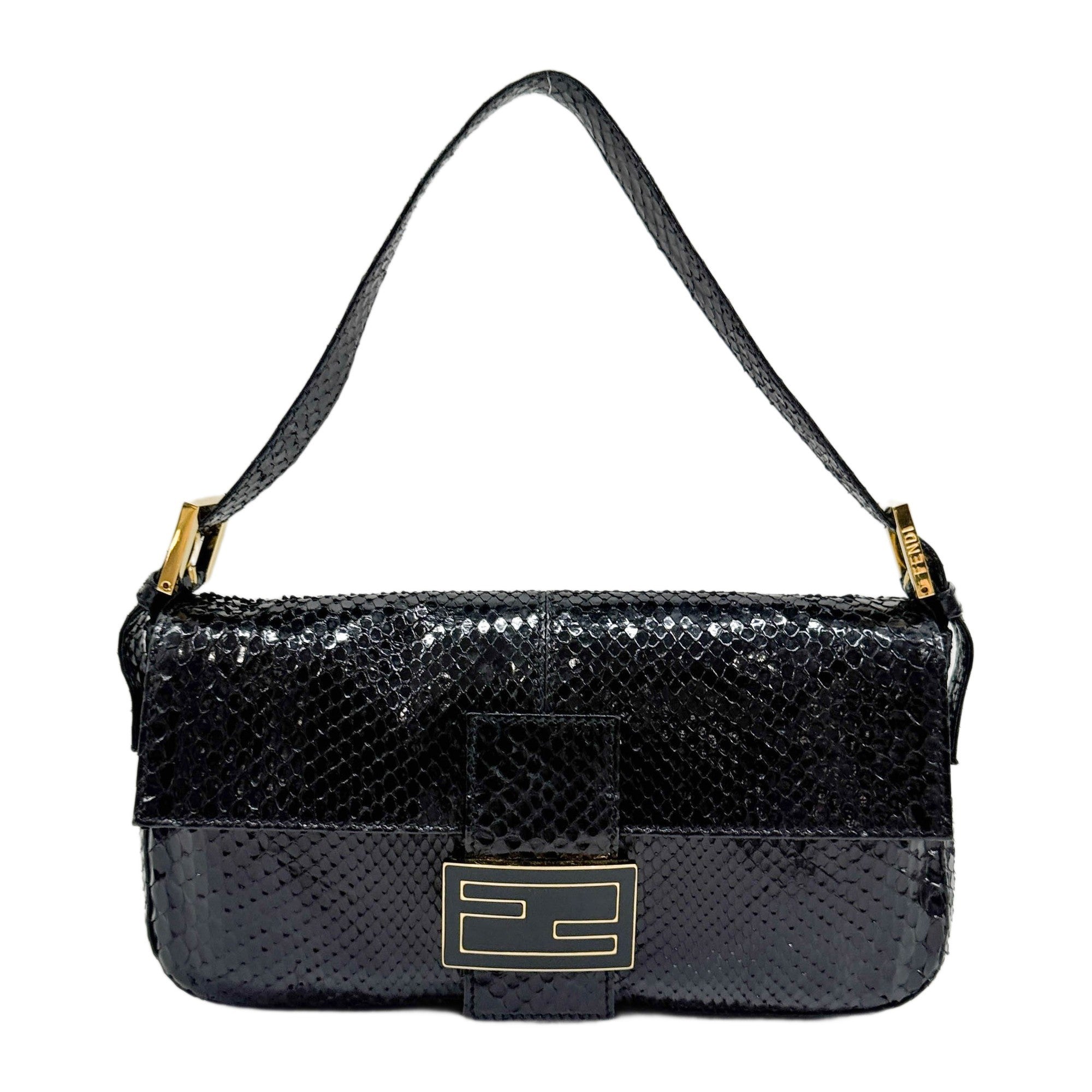 Baguette Black Python Embossed Leather Shoulder Bag