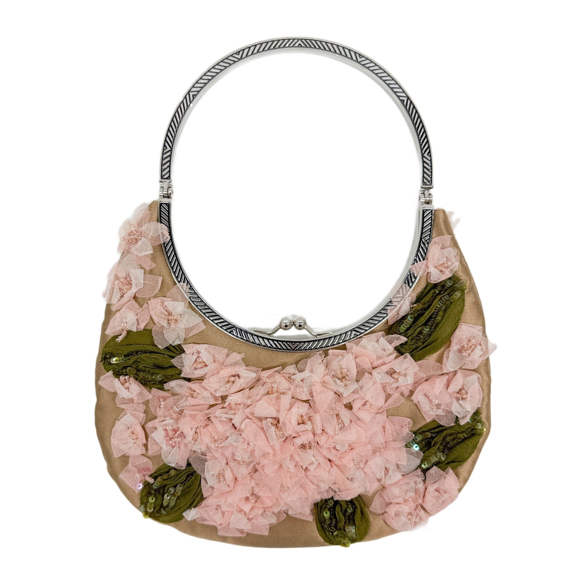 Floral Embroidered Pink Satin Hand Bag