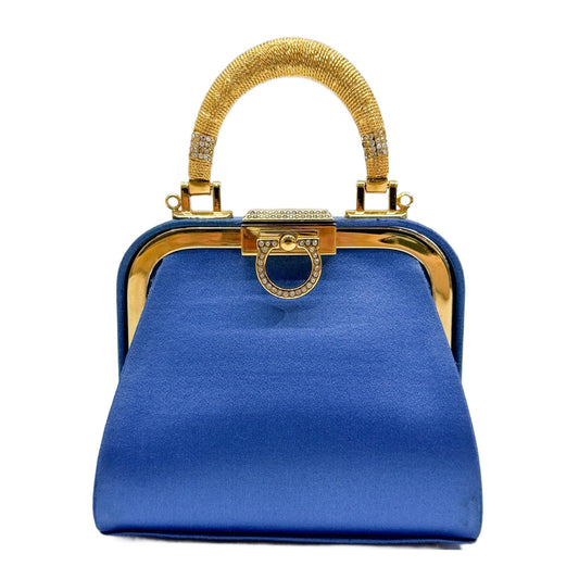 Mini Fermoir Rhinestone Embellished Blue Satin Two Way Bag