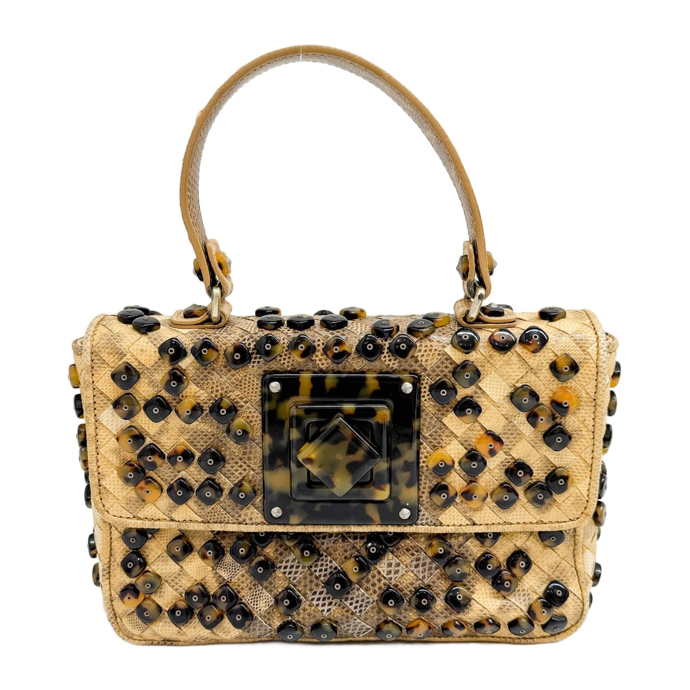 Intrecciato Tortoise Shell Beaded Brown Karung Embossed Leather Hand Bag