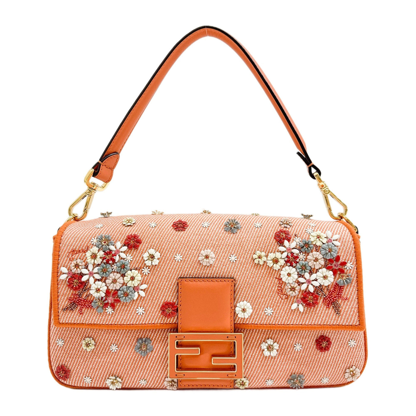 Baguette Floral Embellished Orange Denim Two Way Bag