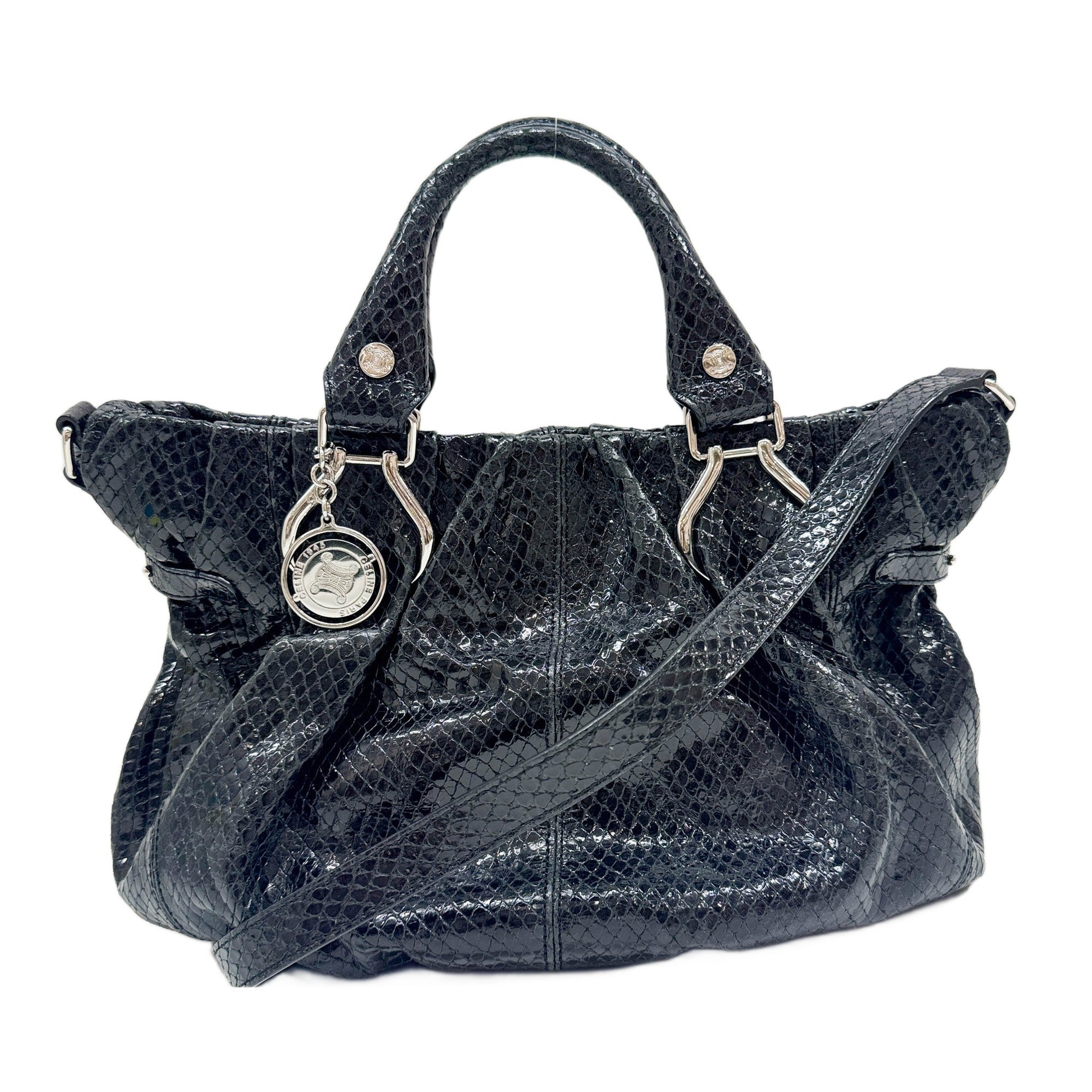 Black Crocodile Embossed Patent Leather Two Way Bag