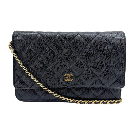 Wallet On Chain 2014-2015 Matelasse Black Leather with Gold Hardware Crossbody Bag