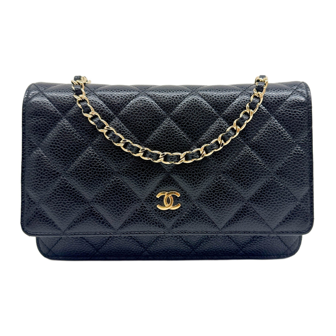 Wallet On Chain 2012 Matelasse Black Leather  with Gold Hardware Crossbody Bag