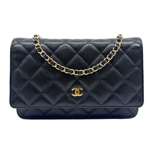 Wallet On Chain 2012 Matelasse Black Leather  with Gold Hardware Crossbody Bag