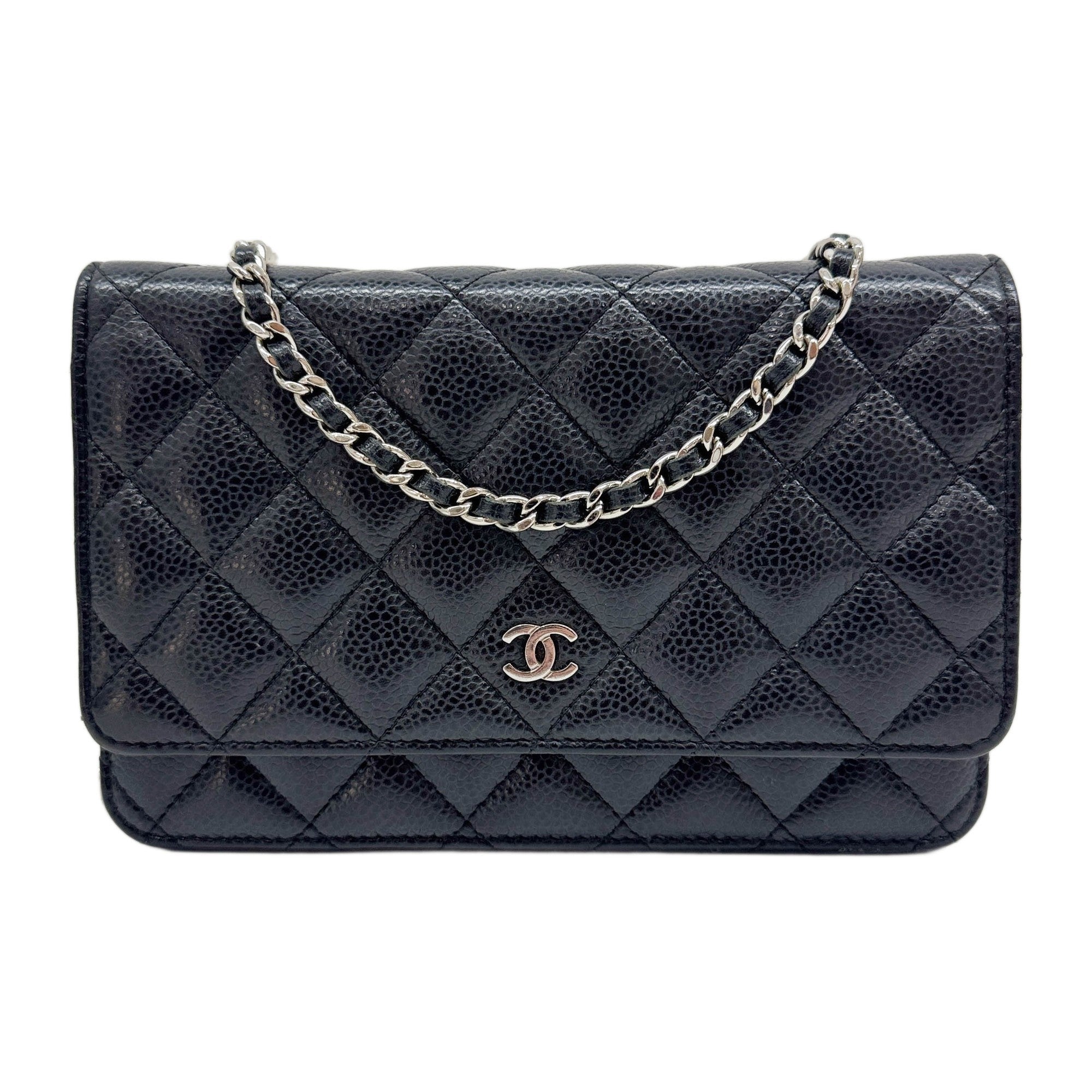 Wallet On Chain 2018 Matelasse Black Leather with Silver Hardware Crossbody Bag