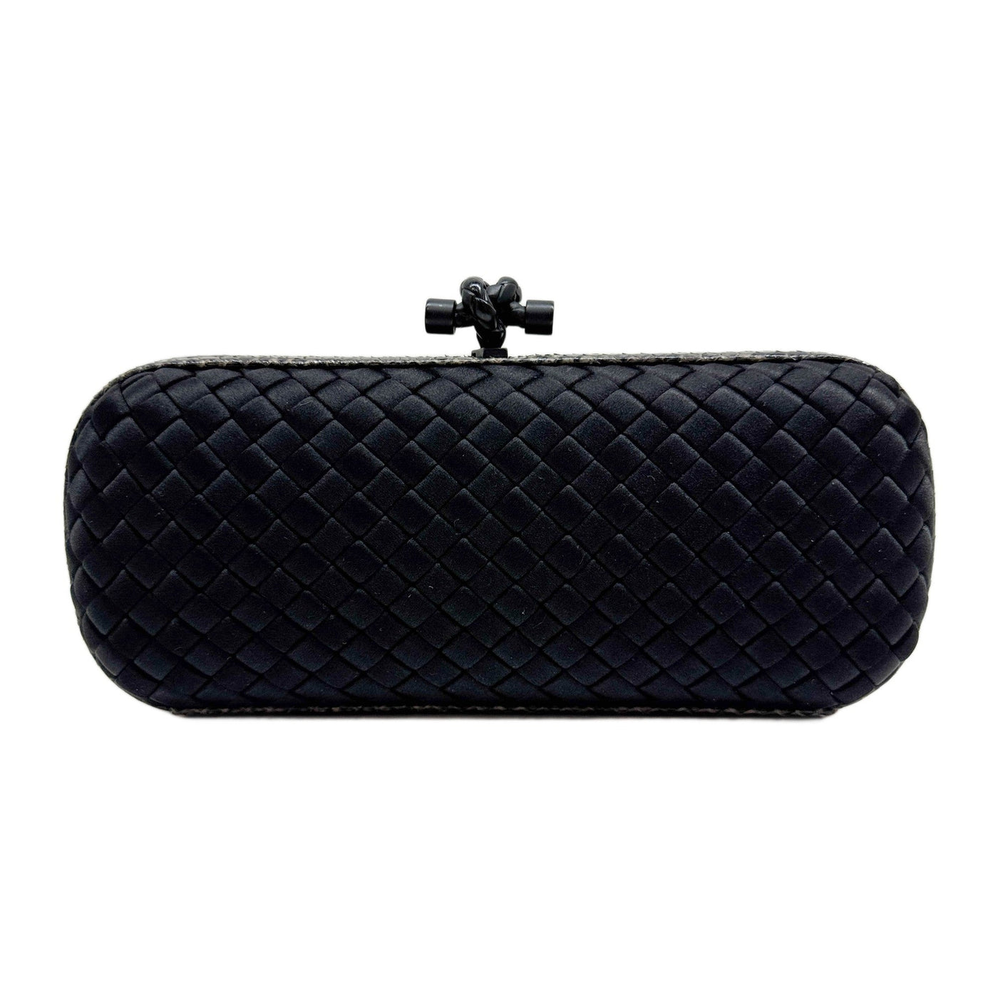 Long Knot Python Embossed Leather Trim Intrecciato Black Satin Clutch