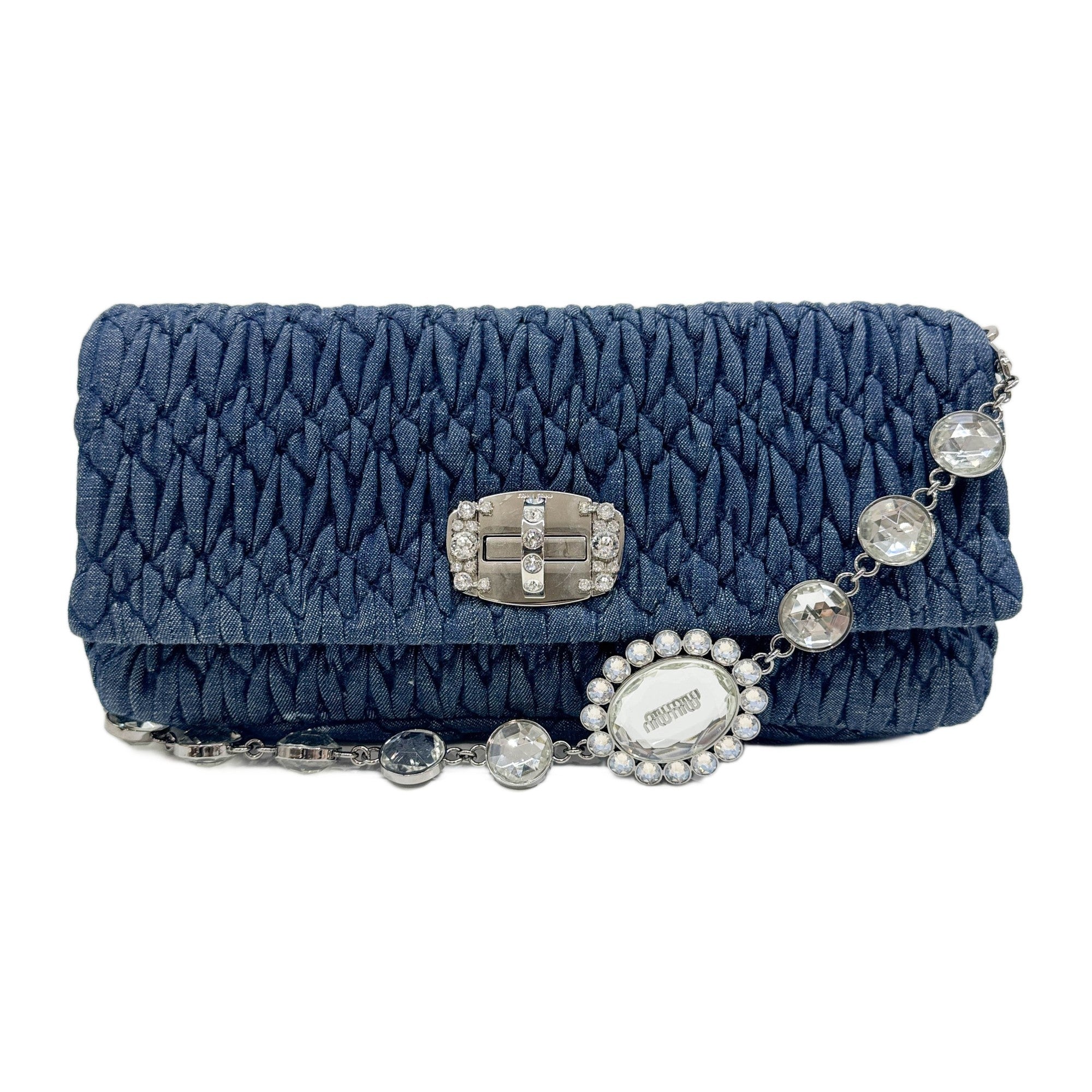 Miu Crystal Blue Denim Crystal Chain Shoulder Bag