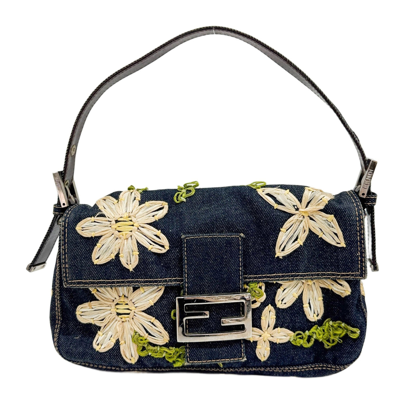Baguette Embroidered Raffia Blue Denim Shoulder Bag