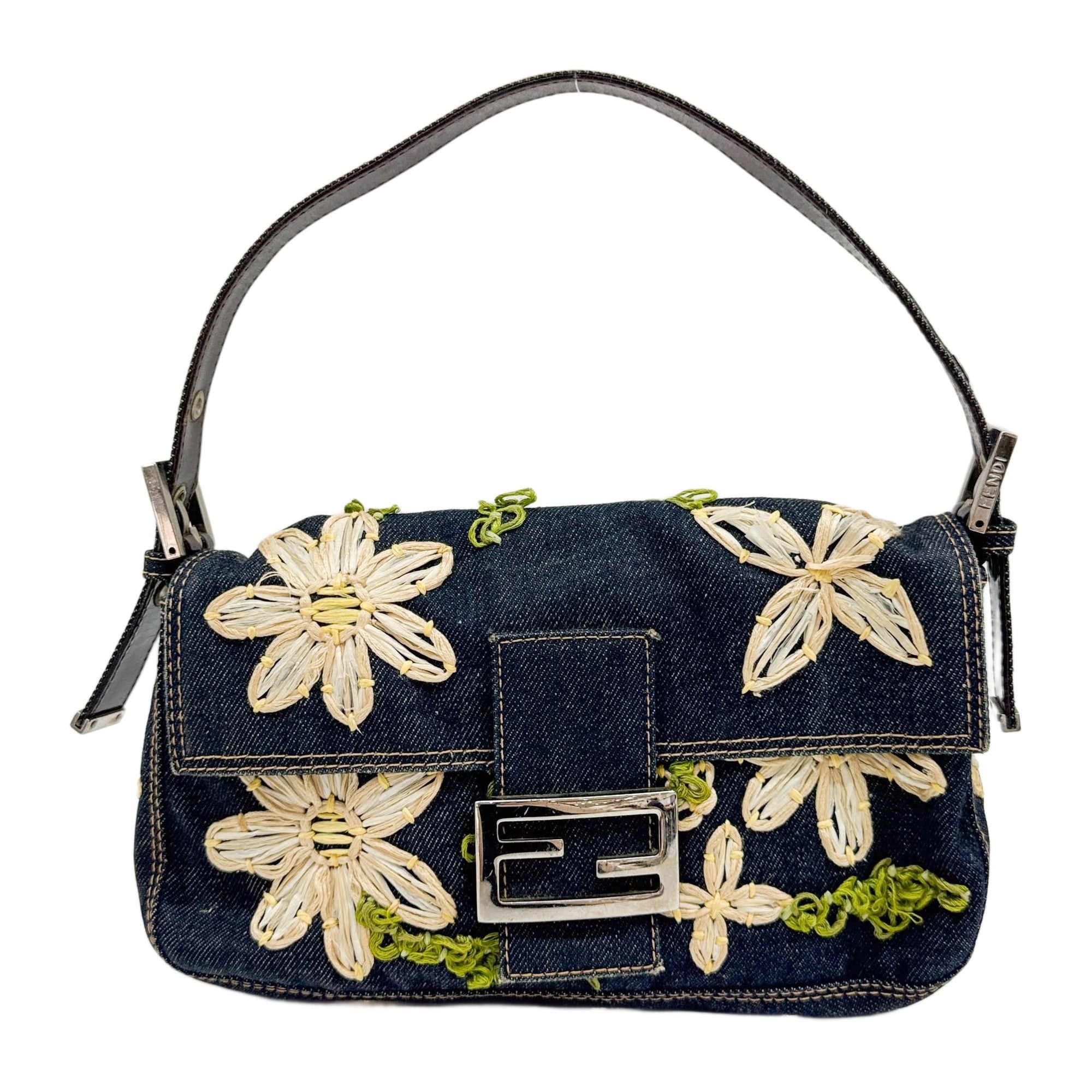 Baguette Embroidered Raffia Blue Denim Shoulder Bag